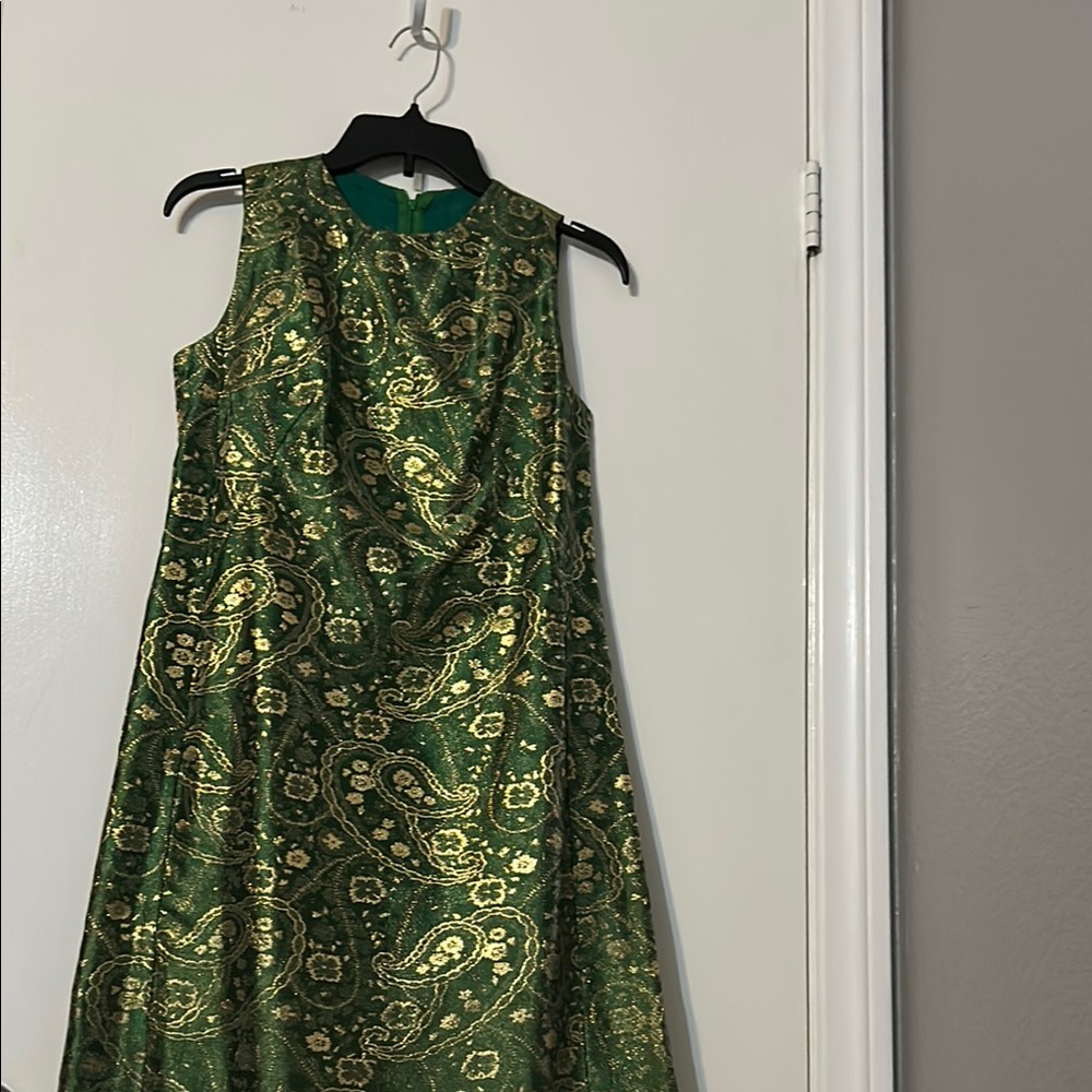 Green and Gold Sleeveless Midi Dress (summer wedding perfection)
